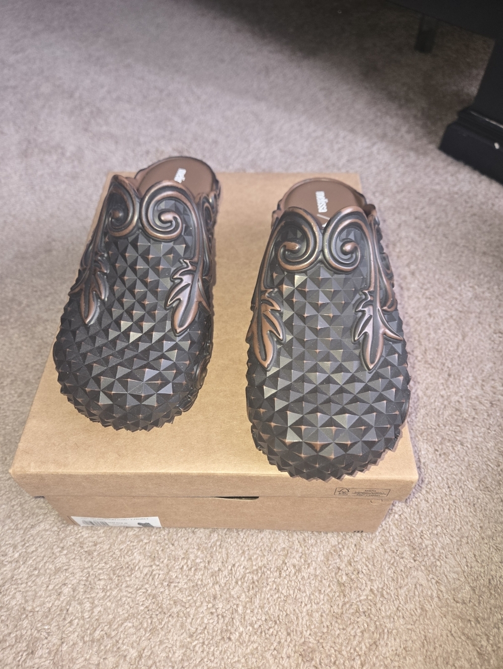 Melissa × Y Project Textured Brown Slip-On Mules with Bronze Leaf Accents